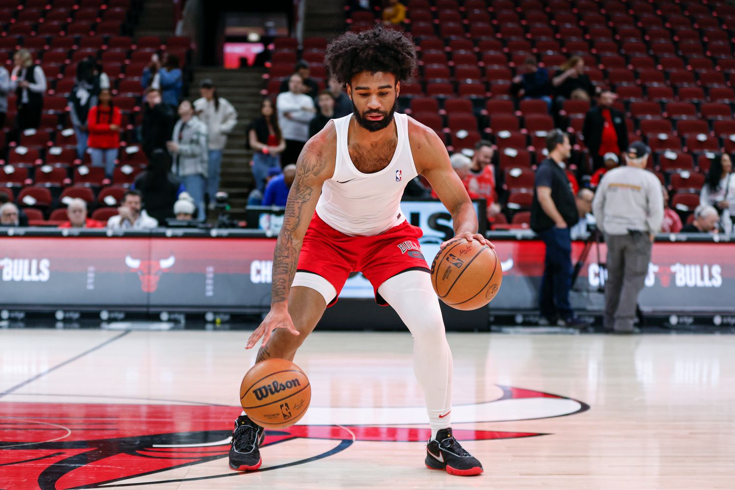Feb 13, 2023; Chicago, Illinois, USA; Chicago Bulls guard Coby White warms up before an NBA game against the Orlando Magic at United Center.